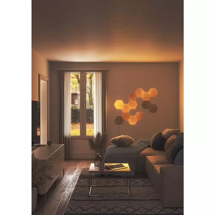 Nanoleaf LED-Panel Elements Hexagons Erweiterung 3er - 42 W, Holzoptik - Stimmungsaufnahme
