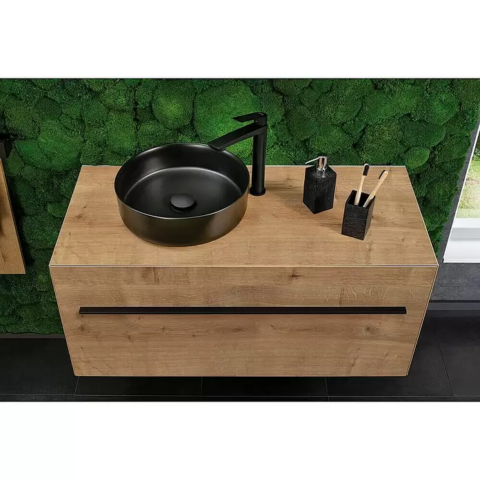 Woodblock Waschtischunterschrank - 100 x 45 x 45 cm, Berg Eiche, Matt - Stimmungsaufnahme