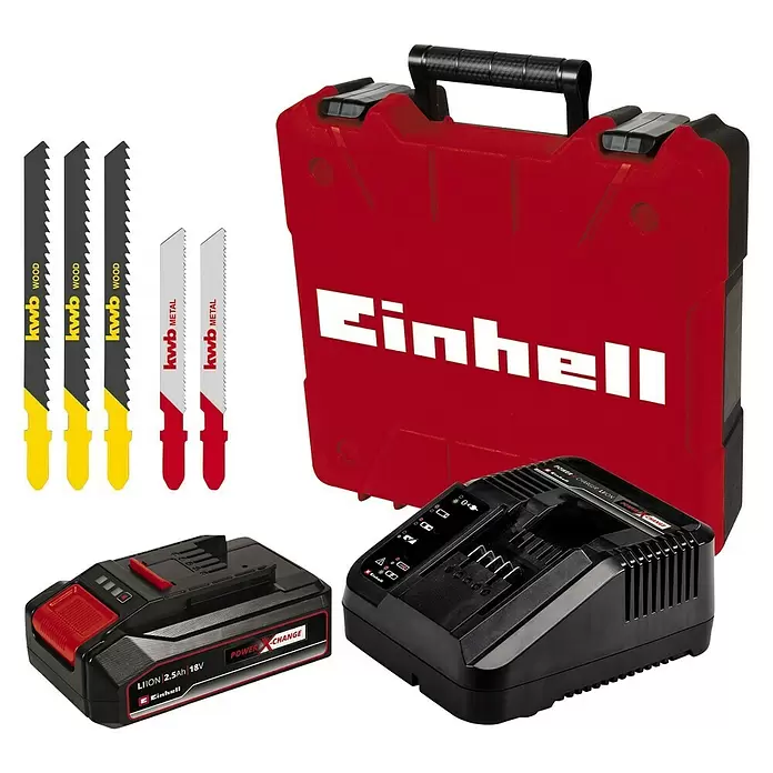 Einhell Power X-Change Akku-Stichsäge TC-JS 18 Li - 18 V, 1 Akku, 2,5 Ah, Leerlaufhubzahl: 0 - 2.700 Hübe/min - Diagonale Ansicht
