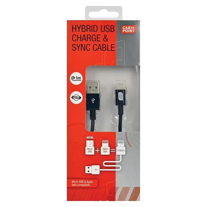 Carpoint USB-autolader 2-in-1 - Zwart, 100 cm - Vooraanzicht