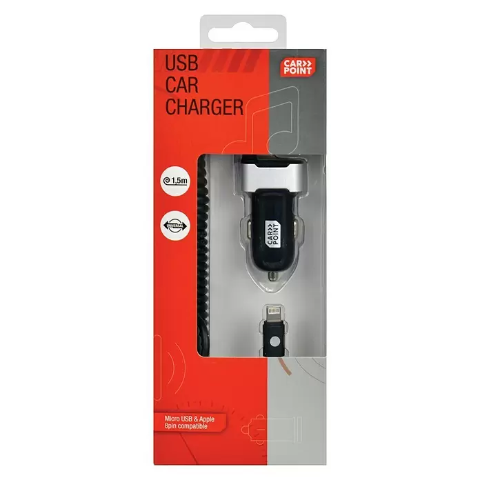 Carpoint USB-autolader 12V/24V 8 Pin + USB 2.4 - Zwart, 120 cm - Vooraanzicht