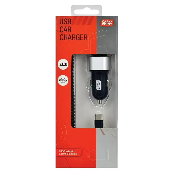 Carpoint USB-autolader 12V/24V USB 3.0 - Zwart, 120 cm - Vooraanzicht