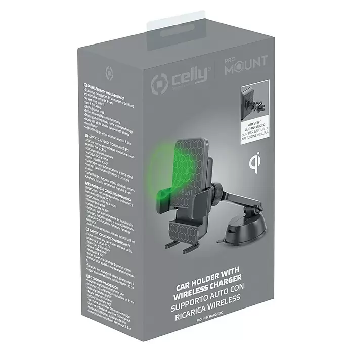 Celly Telefoonhouder Magnetisch Mount + Draadloze Lader - Kunststof, Zwart, Geschikt voor: Auto's - Diagonaal zicht