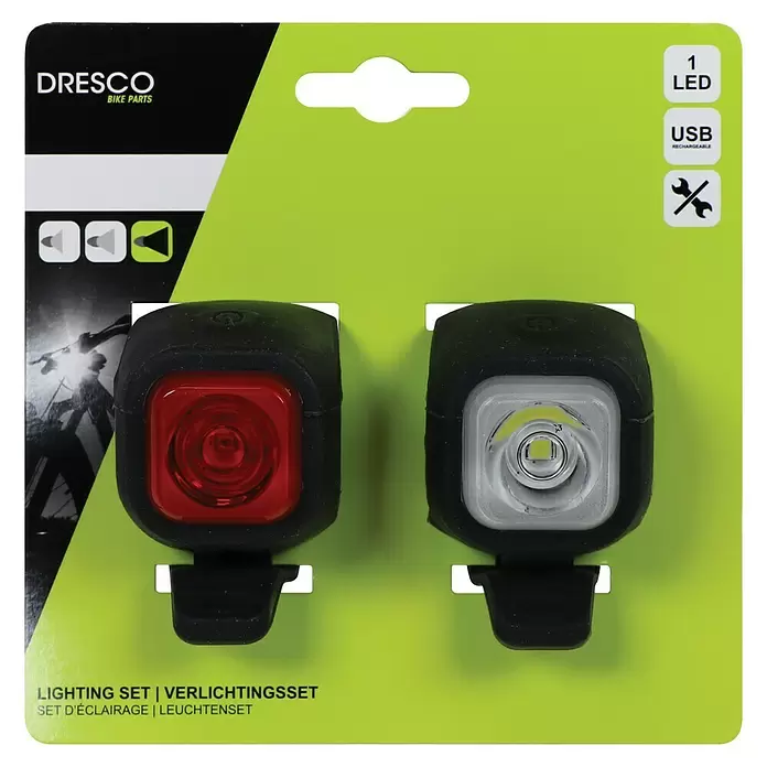 Dresco Fietsverlichtingsset LED USB - Led, Zwart/Rood/Wit - Vooraanzicht