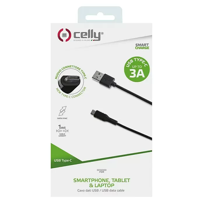 Celly Datakabel USB-C - 100 cm, Zwart - Vooraanzicht