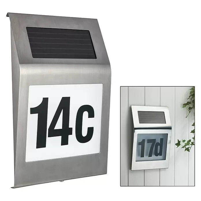 Portaferm Solar-Hausnummer - Edelstahl, Leuchtdauer: 12 h - Diagonale Ansicht
