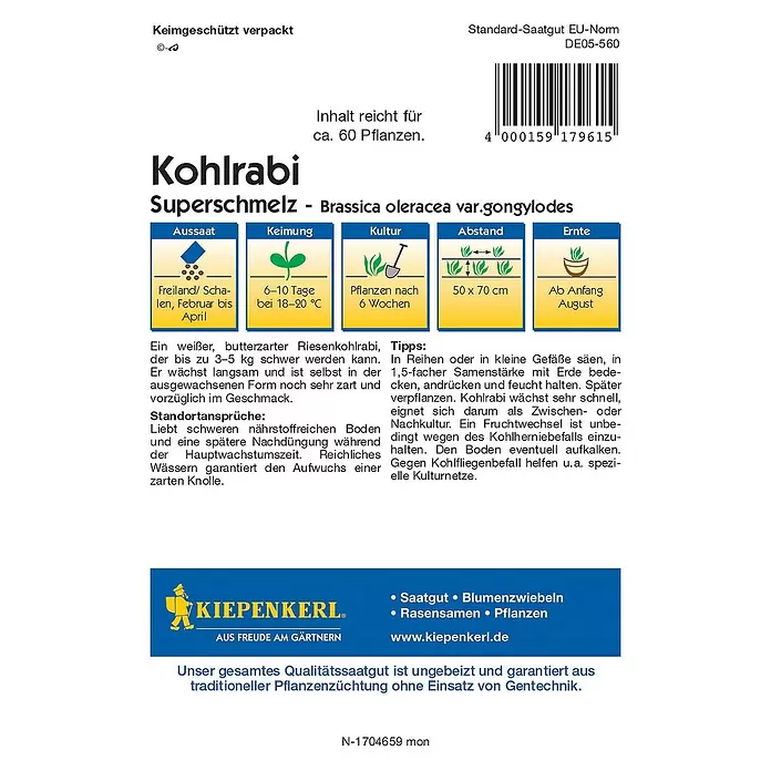 Kiepenkerl Profi-Line Gemüsesamen Kohlrabi Superschmelz - Brassica oleracea var. gongylodes, Erntezeit: August - Rückansicht