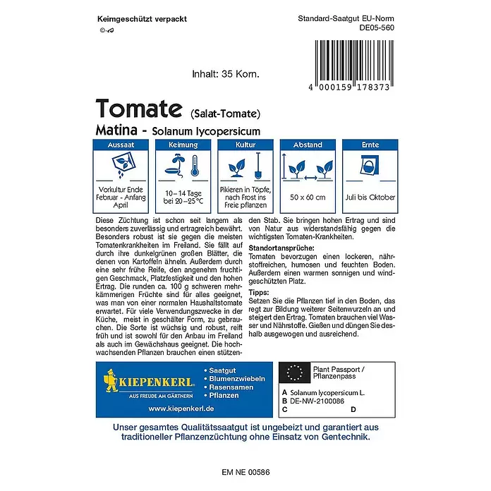 Kiepenkerl Gemüsesamen Tomate Matina - Solanum lycopersicum, Erntezeit: Juli - Rückansicht