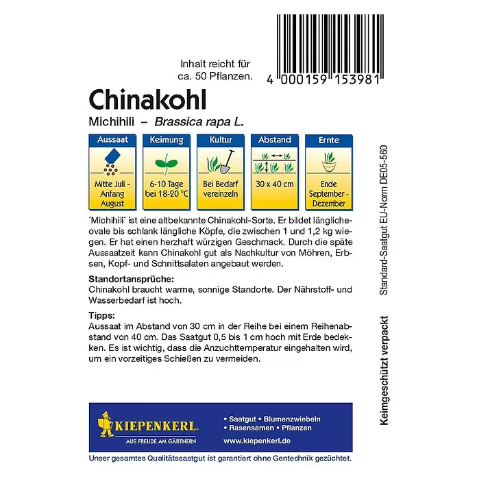 Kiepenkerl Gemüsesamen Chinakohl Michihili - Brassica rapa var. pekinensis, Erntezeit: September - Rückansicht