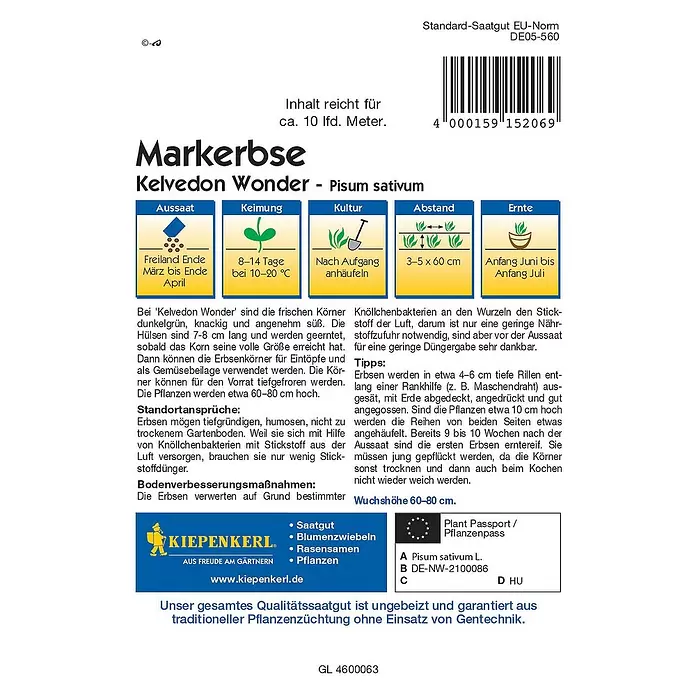 Kiepenkerl Gemüsesamen Markerbse Kelvedon Wonder - Pisum sativum, Erntezeit: Juni - Rückansicht