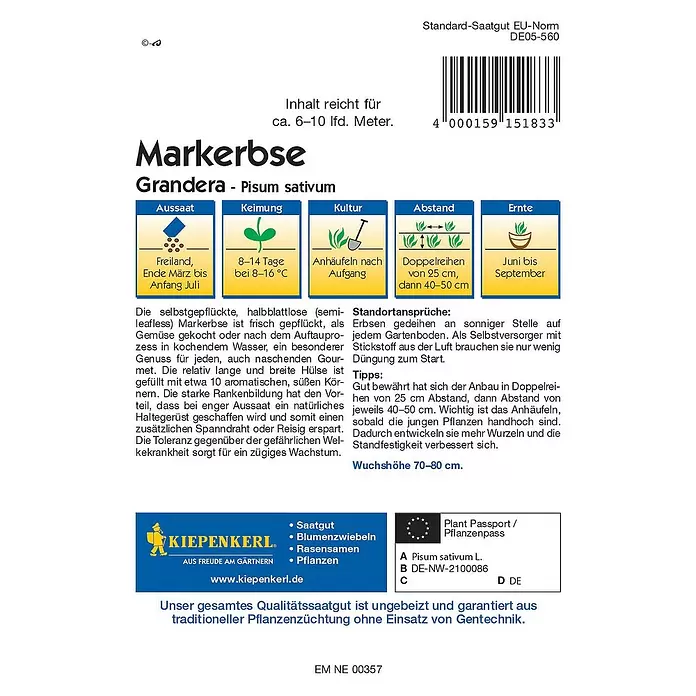 Kiepenkerl Gemüsesamen Markerbse Grandera - Pisum sativum, Erntezeit: Juni - Rückansicht
