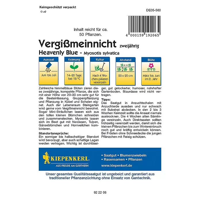 Kiepenkerl Profi-Line Blumensamen Vergissmeinnicht - Myosotis sylvatica - Rückansicht