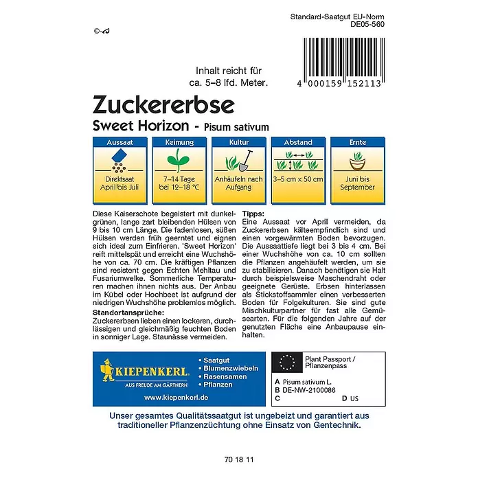 Kiepenkerl Profi-Line Gemüsesamen Sweet Horizon - Pisum sativum, Erntezeit: Juni - Rückansicht