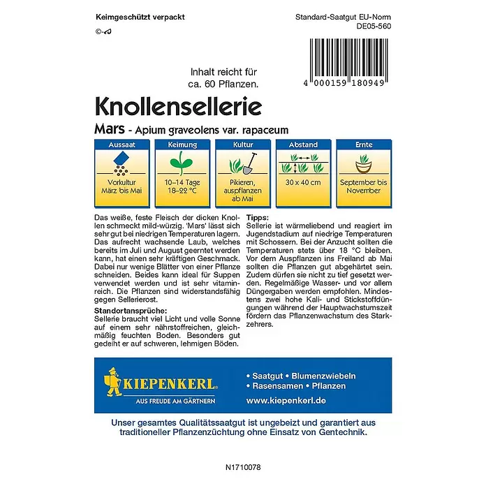 Kiepenkerl Profi-Line Gemüsesamen Knollensellerie Mars - Apium graveolens var. rapaceum, Erntezeit: September - Rückansicht
