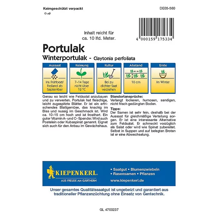 Kiepenkerl Profi-Line Saatgut Winterportulak - Montia perfoliata - Rückansicht