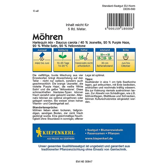Kiepenkerl Gemüsesamen Möhre - Harlequin Mix, Daucus carota, Erntezeit: Juni - Rückansicht