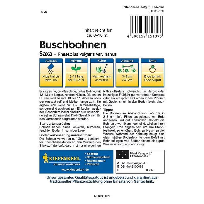 Kiepenkerl Gemüsesamen Buschbohne - Saxa, Phaseolus vulgaris var. nanus, Erntezeit: Juli - Rückansicht