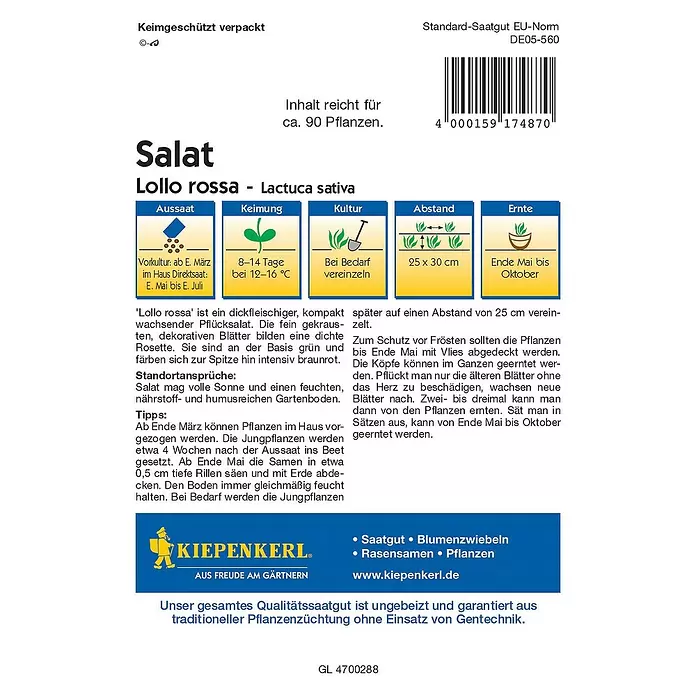 Kiepenkerl Profi-Line Salatsamen Pflücksalat rossa - Lactuca sativa var. crispa, Erntezeit: Mai - Rückansicht