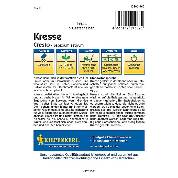 Kiepenkerl Profi-Line Saatgut Kresse Saatscheibe - Lepidium sativum - Rückansicht