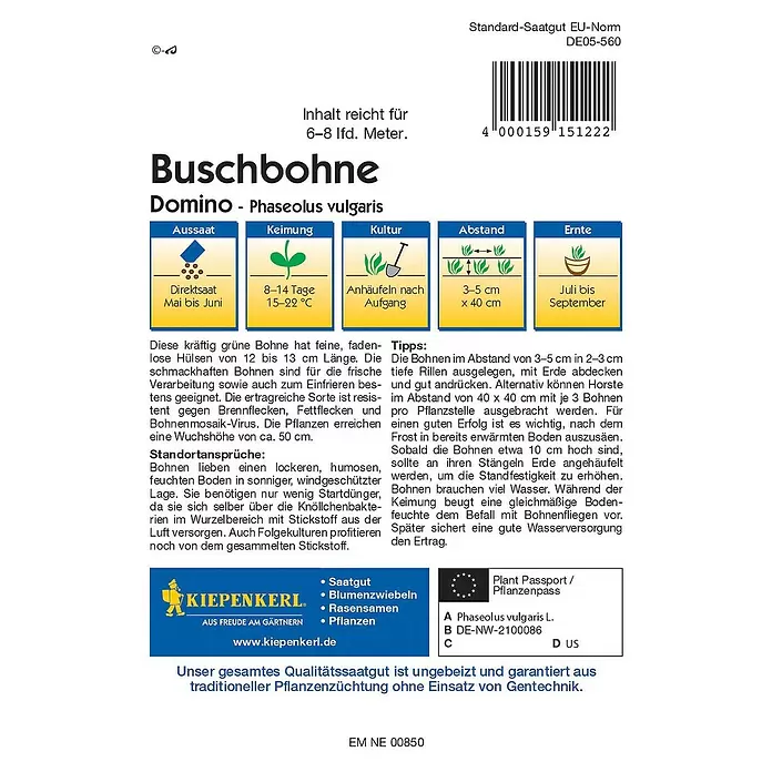Kiepenkerl Profi-Line Gemüsesamen Buschbohne - Domino, Phaseolus vulgaris, Erntezeit: Juli - Rückansicht