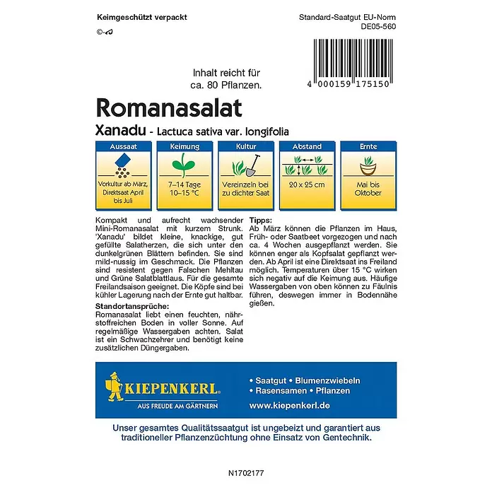 Kiepenkerl Profi-Line Salatsamen Romanasalat - Lactuca sativa var. longifolia, Erntezeit: Mai - Rückansicht