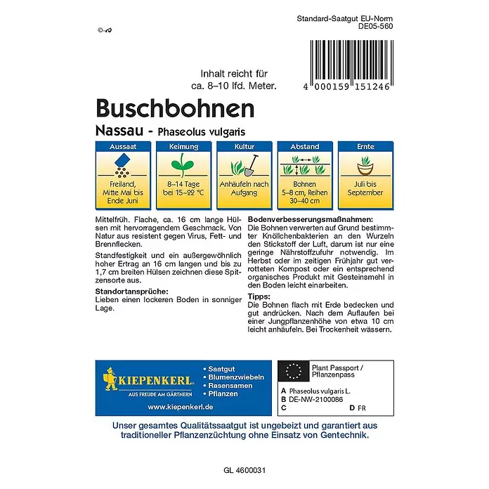 Kiepenkerl Profi-Line Gemüsesamen Buschbohne - Nassau, Phaseolus vulgaris var. nanus, Erntezeit: Juli - Rückansicht