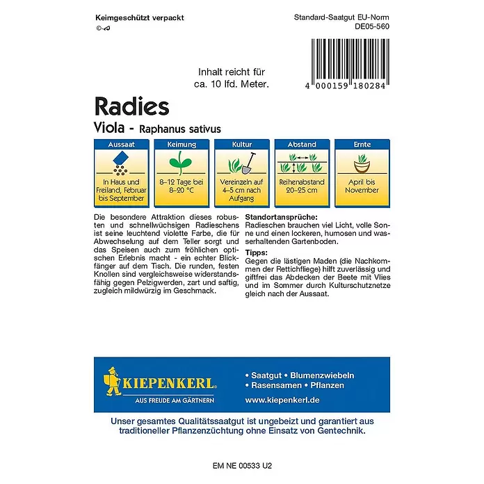 Kiepenkerl Gemüsesamen Radieschen - Viola, Raphanus sativus var. sativus, Erntezeit: April - Rückansicht