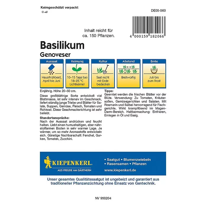 Kiepenkerl Profi-Line Kräutersamen Basilikum - Ocimum basilicum, Erntezeit: Juli - Rückansicht