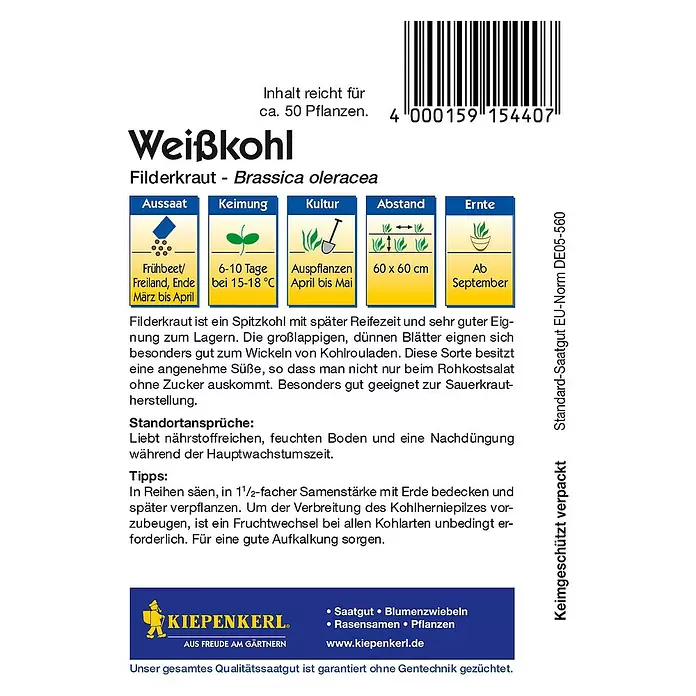 Kiepenkerl Gemüsesamen Weißkohl - Brassica oleracea var. capitata f. alba, Erntezeit: September - Rückansicht