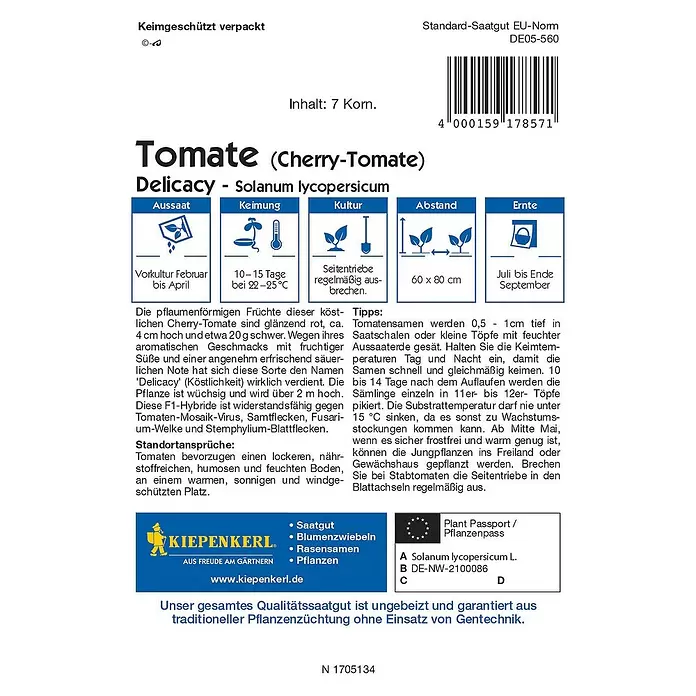 Kiepenkerl Profi-Line Gemüsesamen Cherry-Tomate Delicacy - Solanum lycopersicum, Erntezeit: Juli - Rückansicht