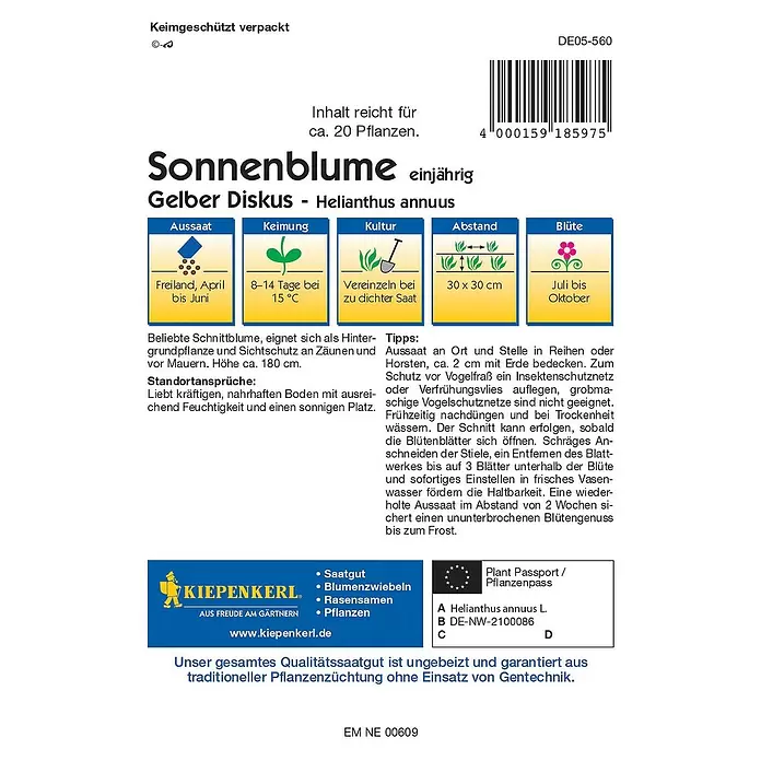 Kiepenkerl Blumensamen Sonnenblume - Gelber Diskus, Helianthus annuus - Rückansicht