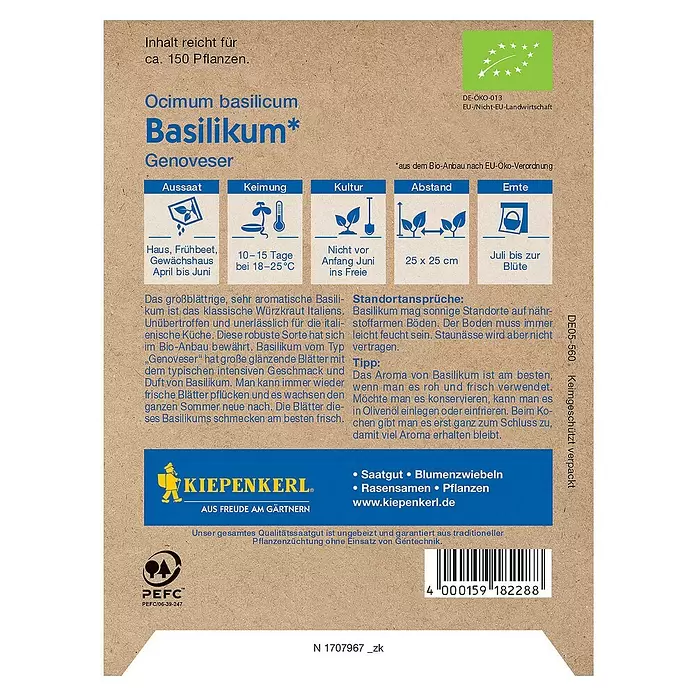Kiepenkerl Profi-Line Kräutersamen Bio Basilikum - Ocimum basilicum, Erntezeit: Juli - Rückansicht