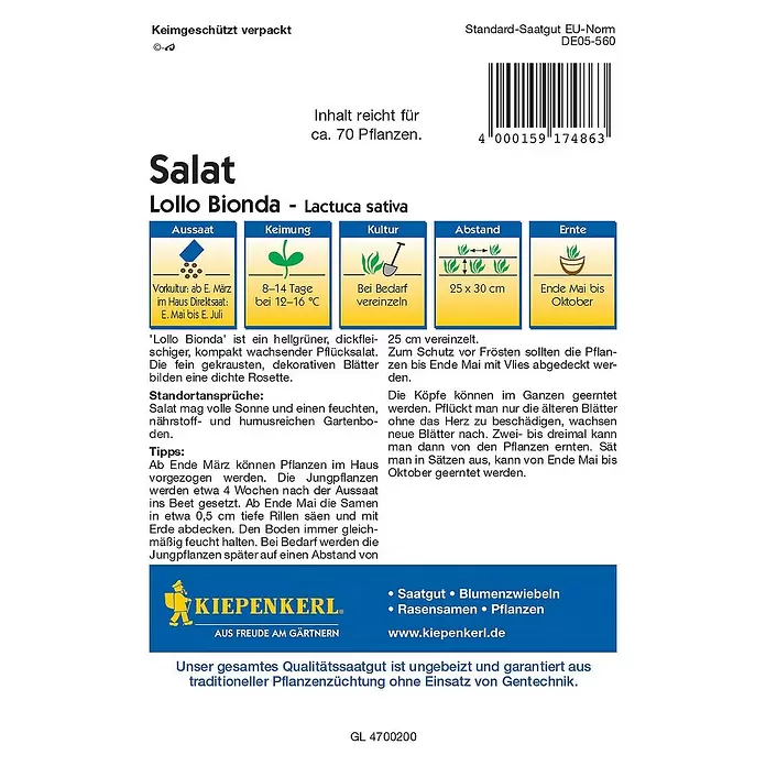 Kiepenkerl Profi-Line Salatsamen Pflücksalat - Lactuca sativa var. crispa, Erntezeit: Mai - Rückansicht