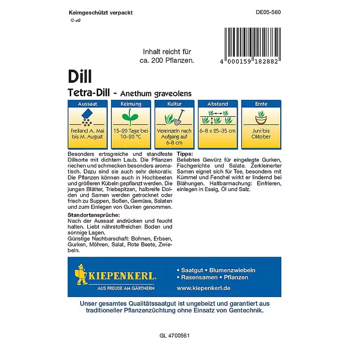Kiepenkerl Profi-Line Kräutersamen Dill - Anethum graveolens var. hortorum, Saatzeit: Mai, Erntezeit: Juni - Rückansicht