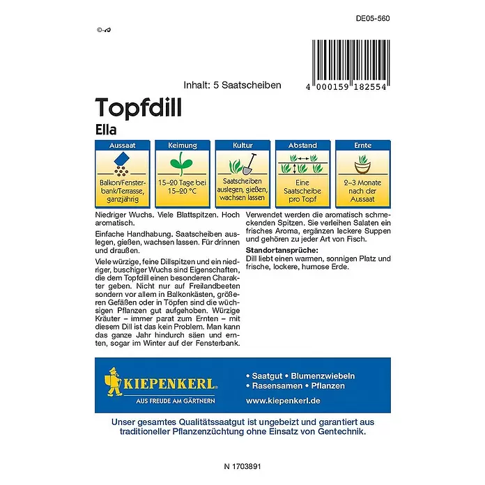 Kiepenkerl Profi-Line Kräutersamen Topfdill - Ella - Saatscheibe, Anethum graveolens var. hortorum, Saatzeit: Ganzjährig, Erntezeit: Ganzjährig - Rückansicht