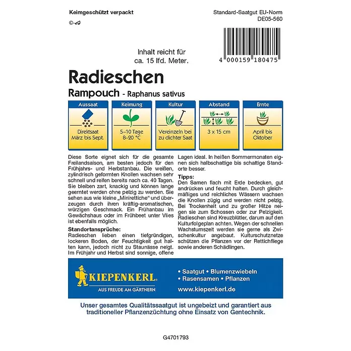 Kiepenkerl Profi-Line Gemüsesamen Rampouch - Raphanus sativus, Erntezeit: April - Rückansicht