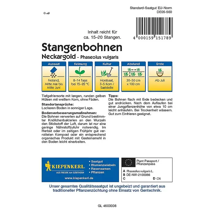 Kiepenkerl Gemüsesamen Stangenbohne Neckargold - Phaseolus vulgaris var. vulgaris, Erntezeit: Juli - Rückansicht