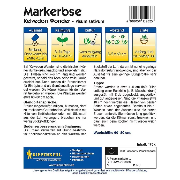 Kiepenkerl Gemüsesamen Markerbse Kelvedon Wonder Vorteilspack - Pisum sativum, Erntezeit: Juni - Rückansicht