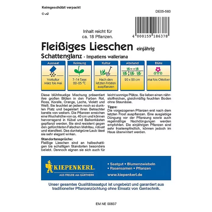 Kiepenkerl Profi-Line Blumensamen Fleißiges Lieschen - Impatiens walleriana - Rückansicht