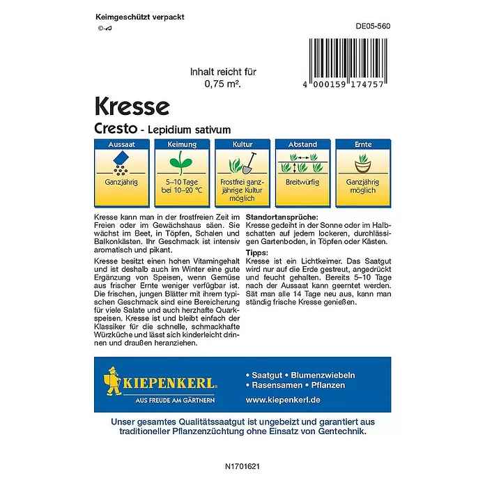 Kiepenkerl Profi-Line Saatgut Kresse - Lepidium sativum - Rückansicht