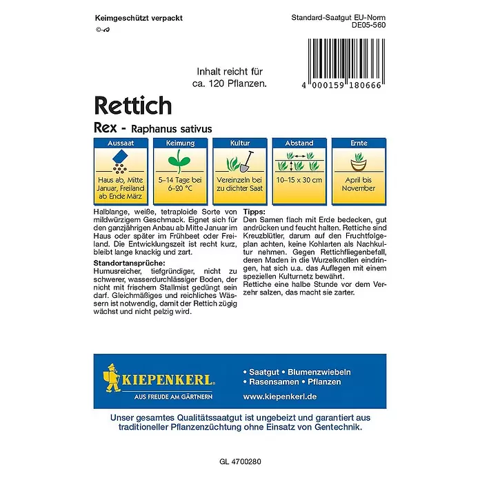 Kiepenkerl Profi-Line Gemüsesamen Rettich Rex - Raphanus sativus var. longipinnatus, Erntezeit: April - Rückansicht