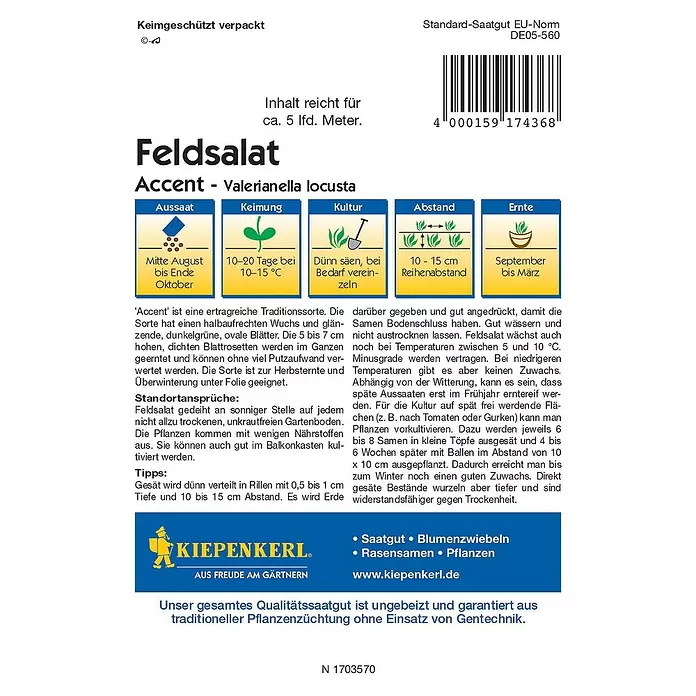 Kiepenkerl Profi-Line Salatsamen Feldsalat - Valerianella locusta, Erntezeit: September - Rückansicht