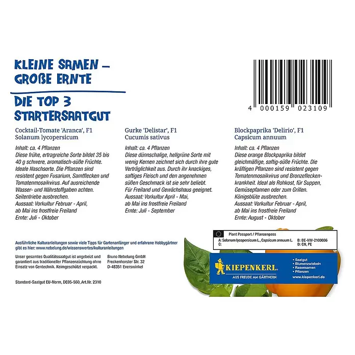Kiepenkerl Saatgut Lieblinge zum Naschen - Tomate/Gurke/Paprika - Rückansicht