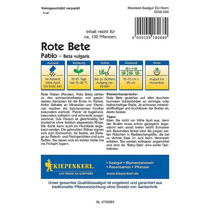 Kiepenkerl Profi-Line Gemüsesamen Rote Bete - Pablo F1, Beta vulgaris var. vulgaris, Erntezeit: August - Rückansicht