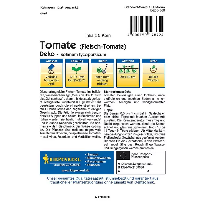 Kiepenkerl Profi-Line Gemüsesamen Tomate Deko - Solanum lycopersicum, Erntezeit: Juli - Rückansicht