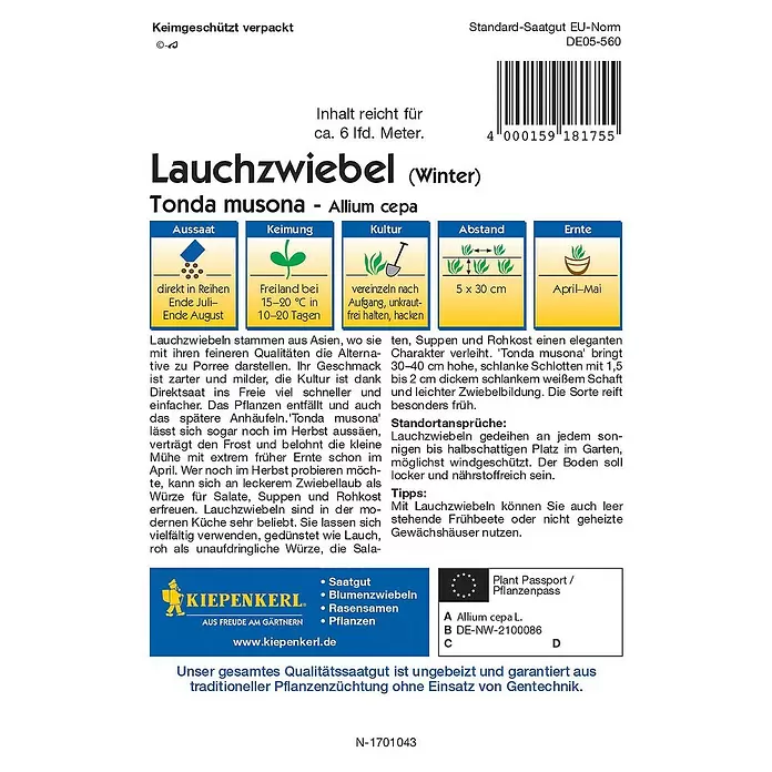 Kiepenkerl Profi-Line Gemüsesamen Winter-Lauchzwiebel - Allium cepa, Erntezeit: April - Rückansicht