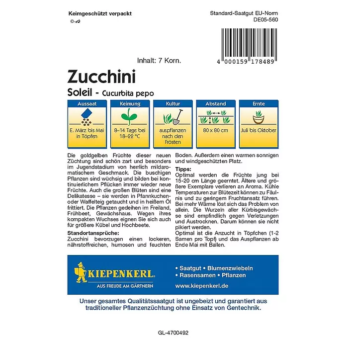 Kiepenkerl Profi-Line Gemüsesamen Zucchini Soleil - Cucurbita pepo, Erntezeit: Juli - Rückansicht