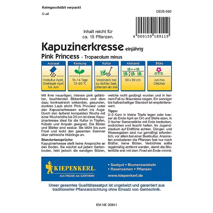 Kiepenkerl Profi-Line Kräutersamen Kapuzinerkresse - Tropaeolum minus, Saatzeit: April - Rückansicht