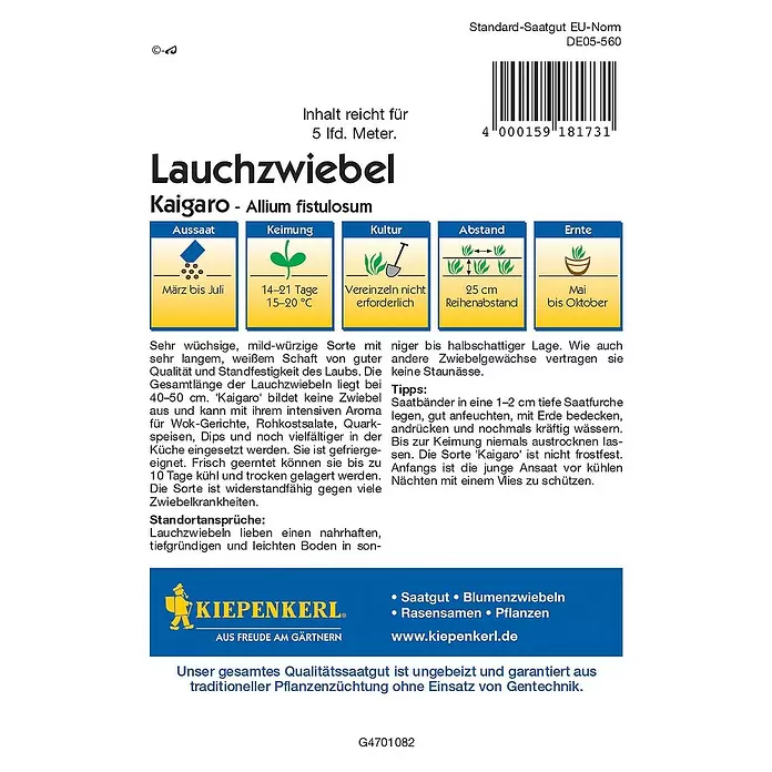 Kiepenkerl Gemüsesamen Lauchzwiebel Kaigaro - Allium fistulosum, Erntezeit: Mai, Saatband - Rückansicht