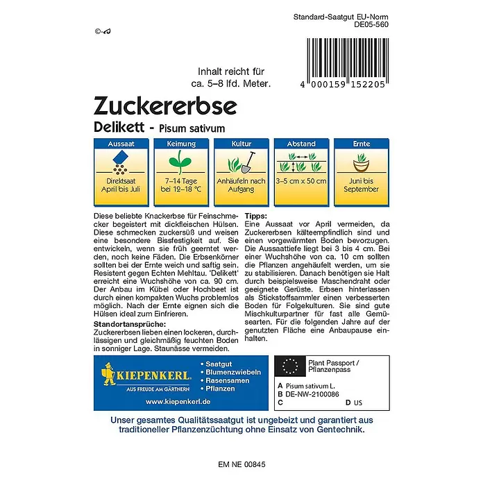 Kiepenkerl Profi-Line Gemüsesamen Zuckererbse Delikett - Pisum sativum, Erntezeit: Juni - Rückansicht
